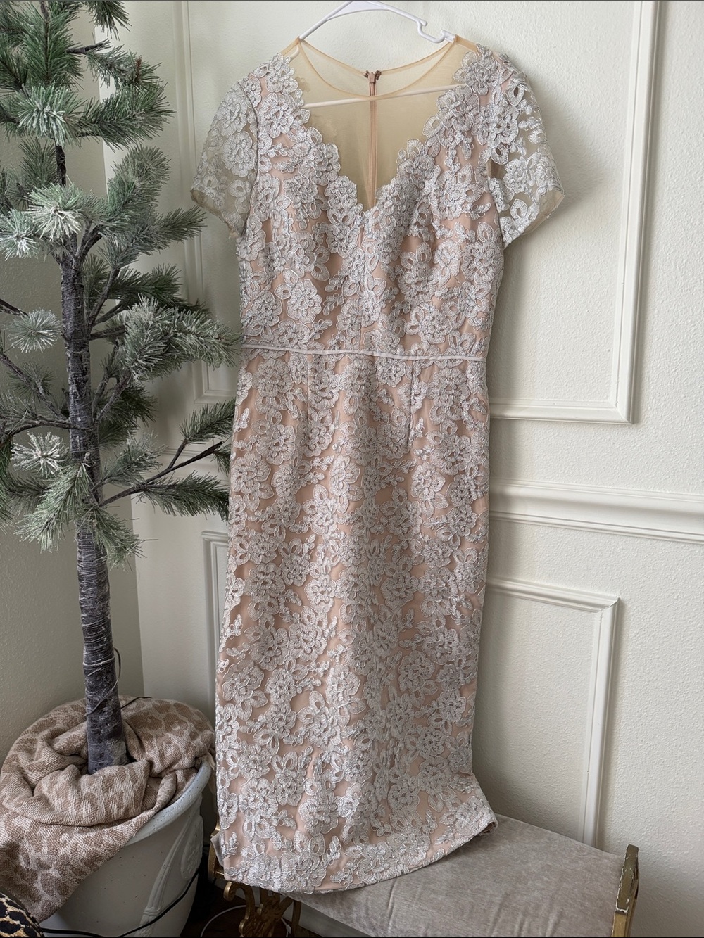 JS Collections Blush Midi Dress with nude  Lace Overlay